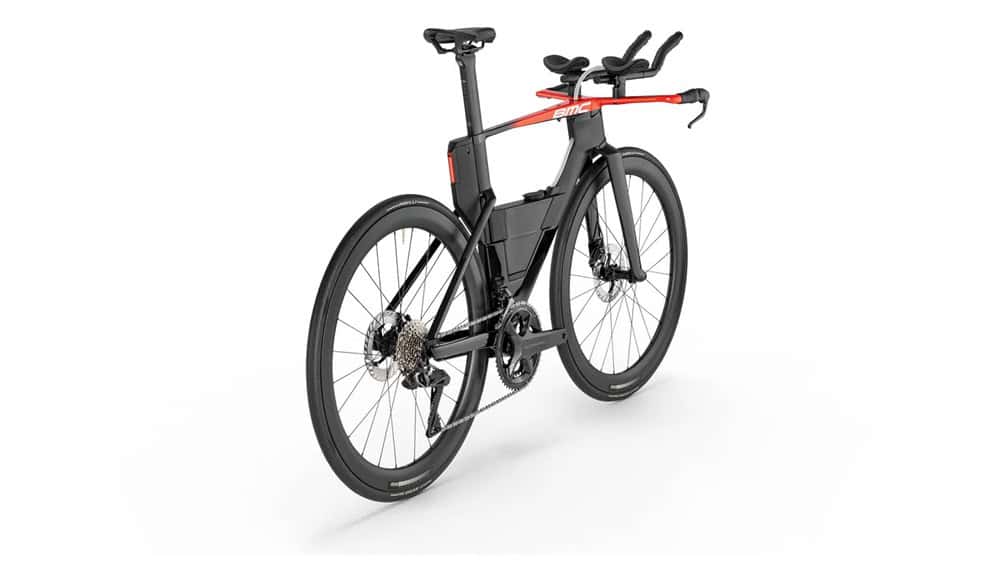 Sleek black and red electric triathlon bike designed for high performance and aerodynamic efficiency. Perfect for triathlon training and competitive racing.
