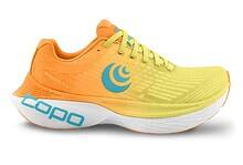 Bright yellow and orange triathlon running shoe with blue logo, lightweight and aerodynamic design, ideal for triathlon training and races.