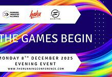 Vibrant colourful graphic promoting triathlon and running event at The Running Conference 2025, featuring branding from Triathlon Insight, ideal for sports event marketing and triathlon enthusiasts.