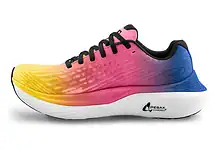 Vibrant pink, yellow, and blue running shoe with PEBAx powered midsole technology, ideal for triathlon training and race performance, showcasing advanced athletic footwear design.