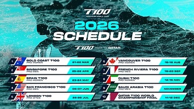 1. Competitive triathlon athlete in wetsuit swimming in open water, promoting the 2026 triathlon race schedule for T100 World Tour events globally.