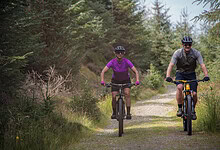 Enjoy a scenic mountain biking experience through a forest trail with two cyclists riding on a dirt path surrounded by green trees and nature.