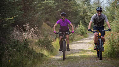 Enjoy a scenic mountain biking experience through a forest trail with two cyclists riding on a dirt path surrounded by green trees and nature.