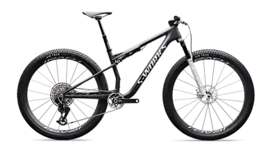 A mountain bike designed for off-road cycling, featuring a durable frame, wide knobby tires, and advanced suspension system for rugged terrain. Perfect for triathlon training and outdoor adventures.
