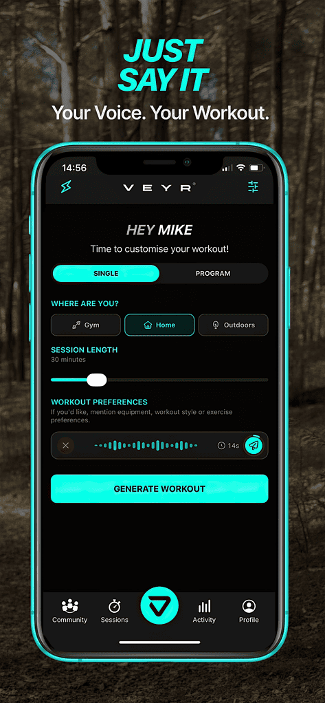 Screenshot of Veyr app interface showing workout customization options with voice control and session settings.