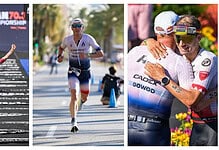 Triathlon athletes finishing and celebrating at the World Championship in Nice, showcasing endurance and achievement.