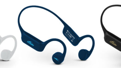 Wireless headphones in white, blue, and black designed for triathlon training and outdoor activities.