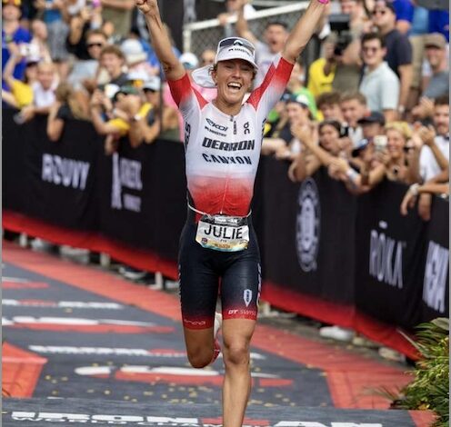 Julie Derron at the finish in Kona