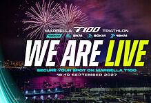 Marbella T100 registration poster for 18–19 September 2027, showing a 2km swim, 80km bike and 18km run