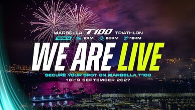 Marbella T100 registration poster for 18–19 September 2027, showing a 2km swim, 80km bike and 18km run