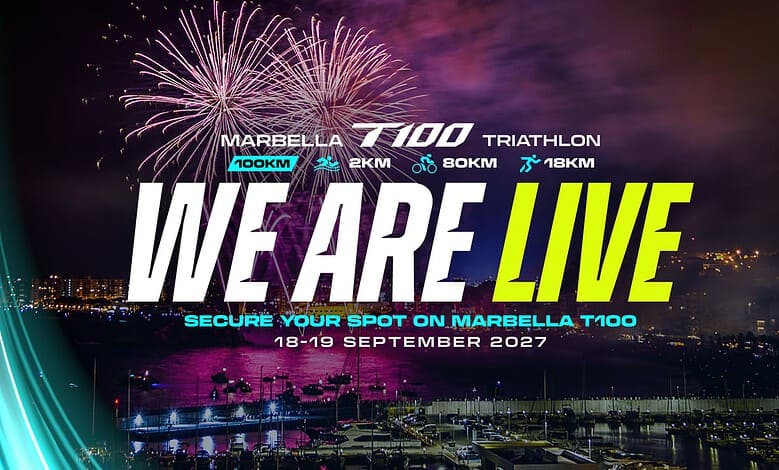 Marbella T100 triathlon event poster with fireworks, featuring distances of 10km, 21km, 80km, and 18km, scheduled for 18-19 September 2027.