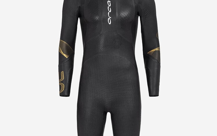 High-performance Orca triathlon wetsuit designed for men, featuring a sleek black and gold design for optimal swimming efficiency and comfort.