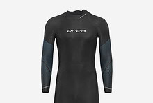 High-performance Orca triathlon wetsuit designed for men, featuring a sleek black design with blue accents on the arms, ideal for competitive swimming and open water races.