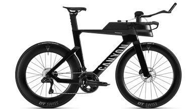 Black triathlon bike with aerodynamic design, carbon frame, and advanced components, ideal for competitive triathlon training and racing.