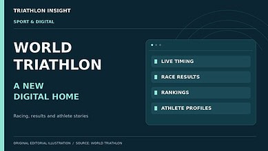 Editorial illustration of World Triathlon website features: live timing, race results, rankings and athlete profiles