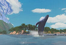 A whale breaches beside the virtual coastline in Zwift’s Wild Isles expansion.